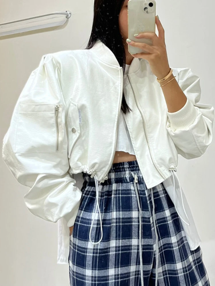 الأصفر بولي PU فو الجلود مثير اقتصاص سترات الربيع النساء 2025 موضة الوقوف كم طويل الرباط زمم موتور منفذها معاطف #4