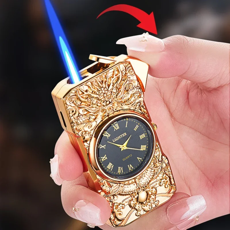 2027 New Creative Embossed Watch Torch Butane Lighter，Men's Quartz Dial Direct Flame Inflatable Lighter,Cigarette Accessories