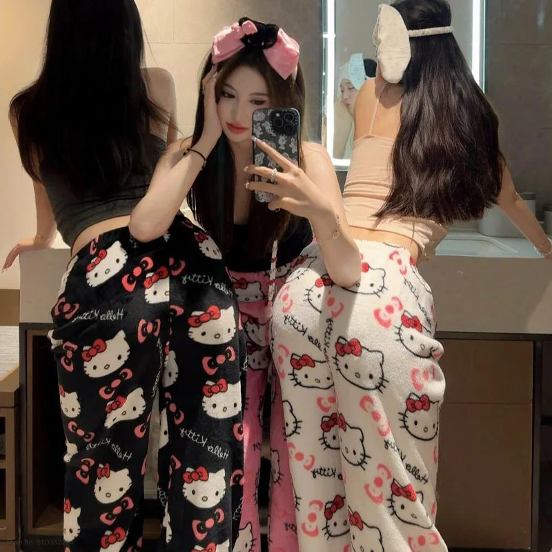 Sanrio Hello Kitty Soft Flannel Wide Leg Pajama Pants Printed Casual Home Loungewear For Women Daily Sleeping Relaxing Wear view 2