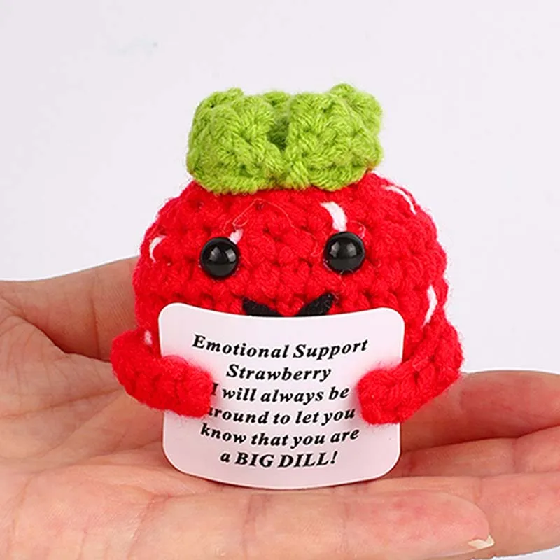 Cute Positive Energy Strawberry Hug Pocket Mini Handmade Plush Wool Knitting Doll with Card Home Room Decoration Ornaments