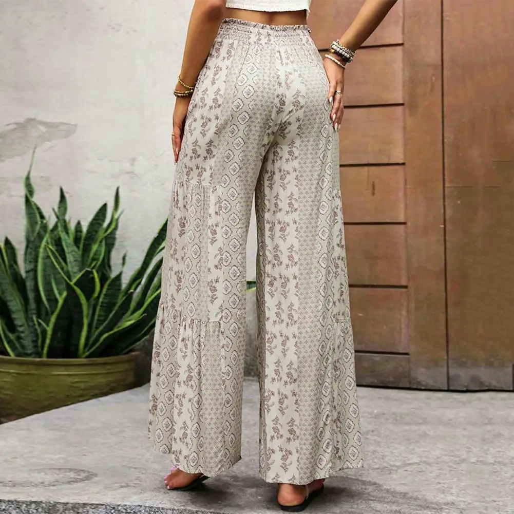 

Retro Digital Print Trousers Ethnic Style Lace-up Beach Trousers for Women Loose Fit Wide Leg Pants with High Waist Summer Knot