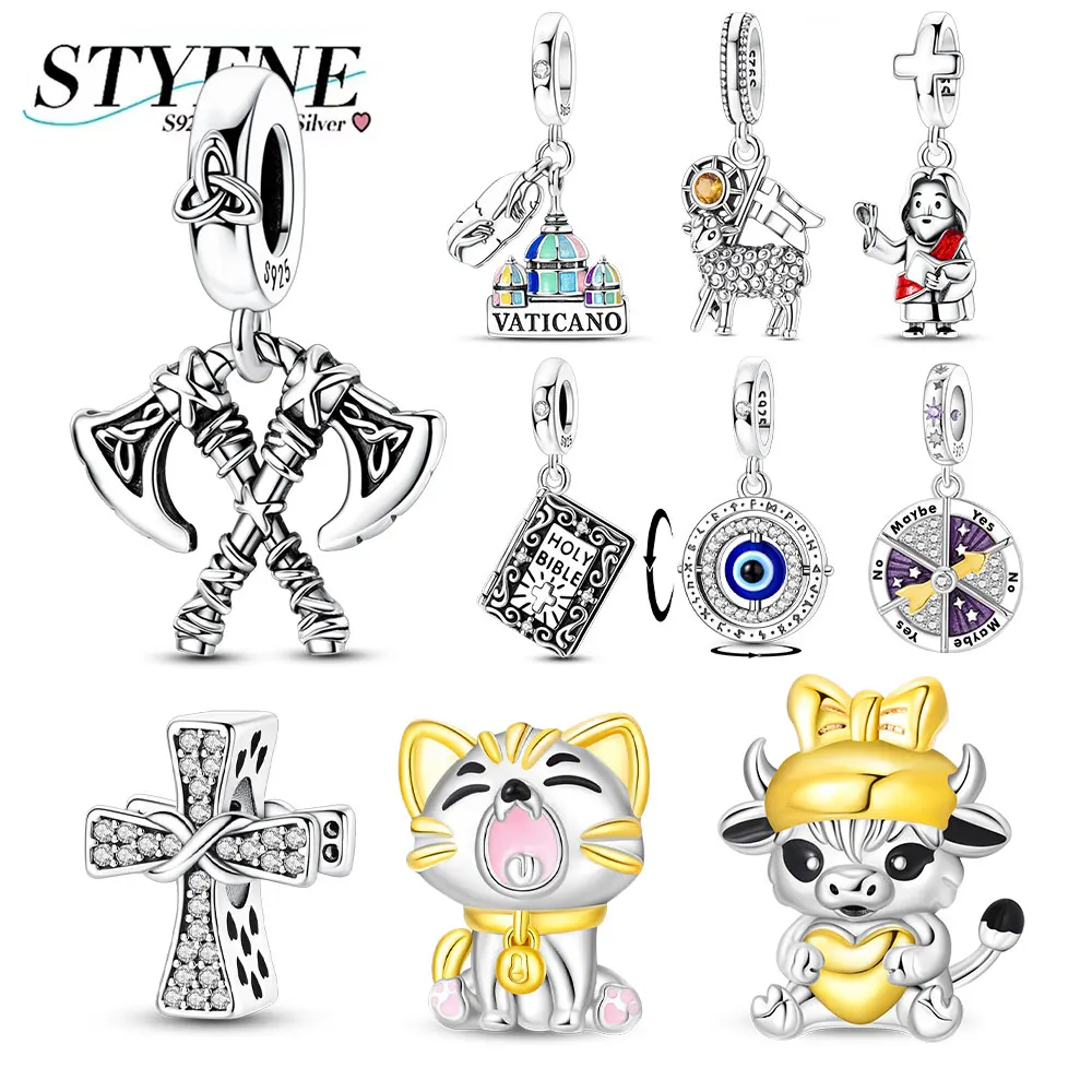 Original 925 Sterling Silver Axe Cross Evil Eye Cat Cow Beads Fit Bag Charms Bracelet Jewelry Gifts for Women