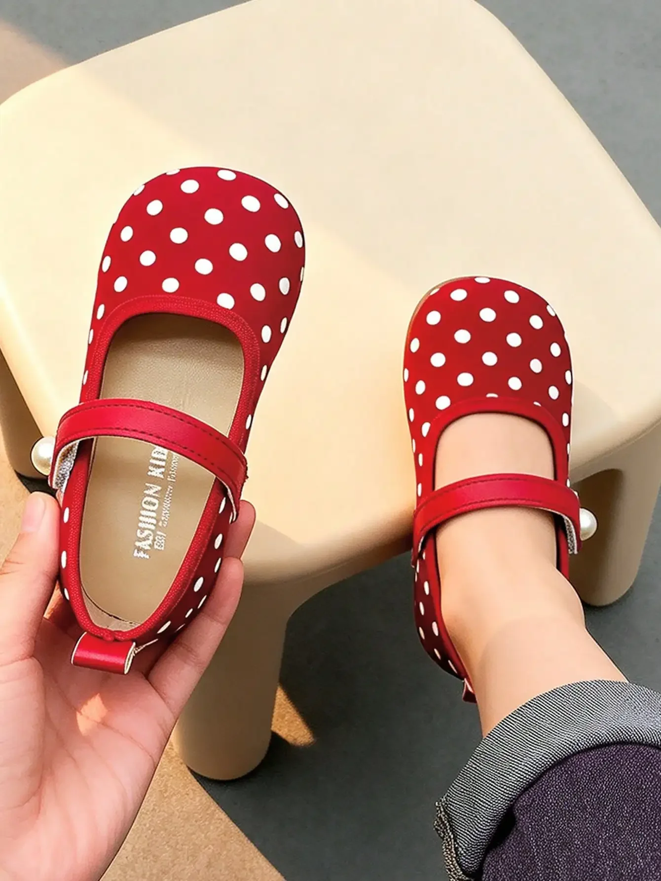 Red Polka Dot Girls Mary Jane Shoes, Pearl Hook And Loop Soft Sole, French Vintage Party Dress Children Shoes