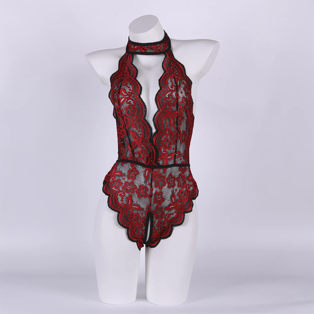 ملابس داخلية مثيرة مطرزة بألوان من الدانتيل، بدلة قفز مثيرة برباط بدون ظهر، مجموعة ملابس داخلية عميقة على شكل حرف V بدون تأخذ