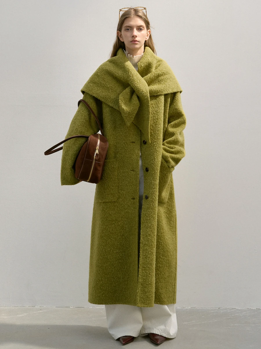 

Winter New Woolen Coat with Scarf Textured Camel Hair Outerwear Long Sve Commute Sle Mid-Length Single Button Clip