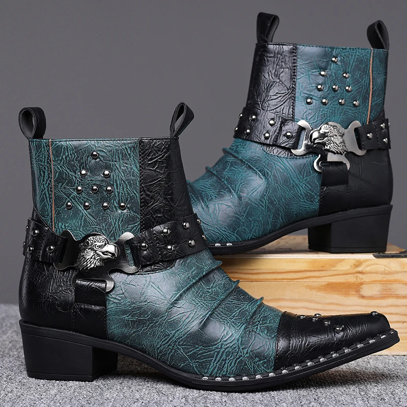 QRLQRL Men's High-top Belt Buckle Western Cowboy Boots British Casual Leather Boot Pointed Thick Heel Men Ankle Boots