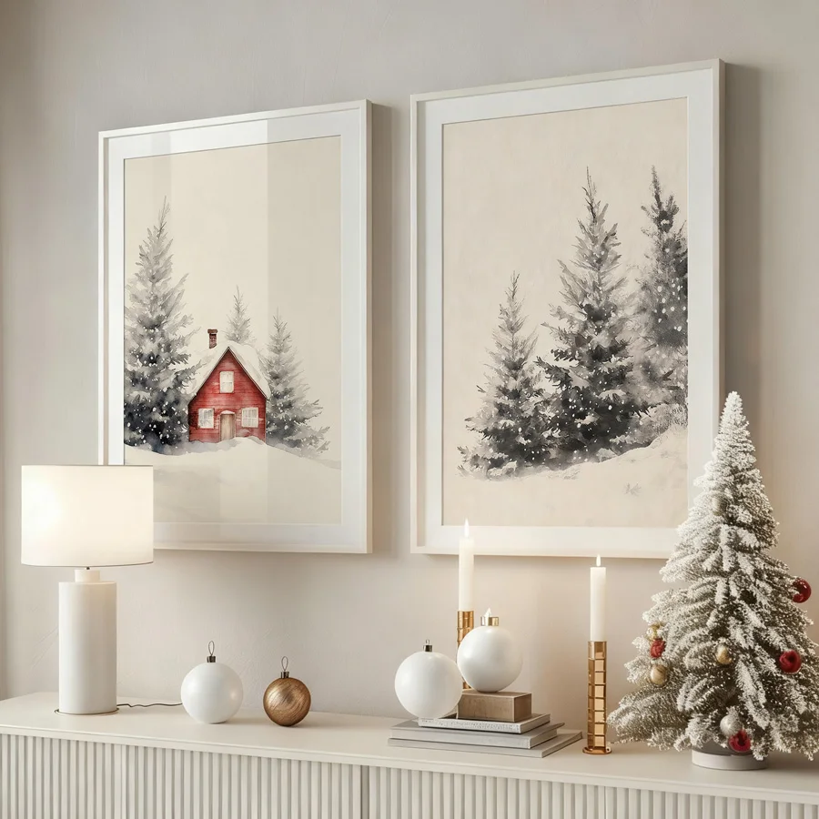 2-Piece Set, Winter Snow Scene Watercolor Prints, Frameless Christmas Wall Decor, Vintage Red Log Cabin and Pine Tree Canvas Poster, Scandinavian Style Home Decor, Suitable for Living Room, Bedroom, Farmhouse-Style Homes, Holiday Decorations, Winter Decorations, Kitchen, Dormitory, Hallway, Room Decor.