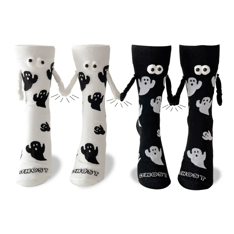 Ghost Halloween Socks Magnetic Hand In Hand Socks European Large Couple Black And White Mid Tub Socks Personality Fashion Trendy
