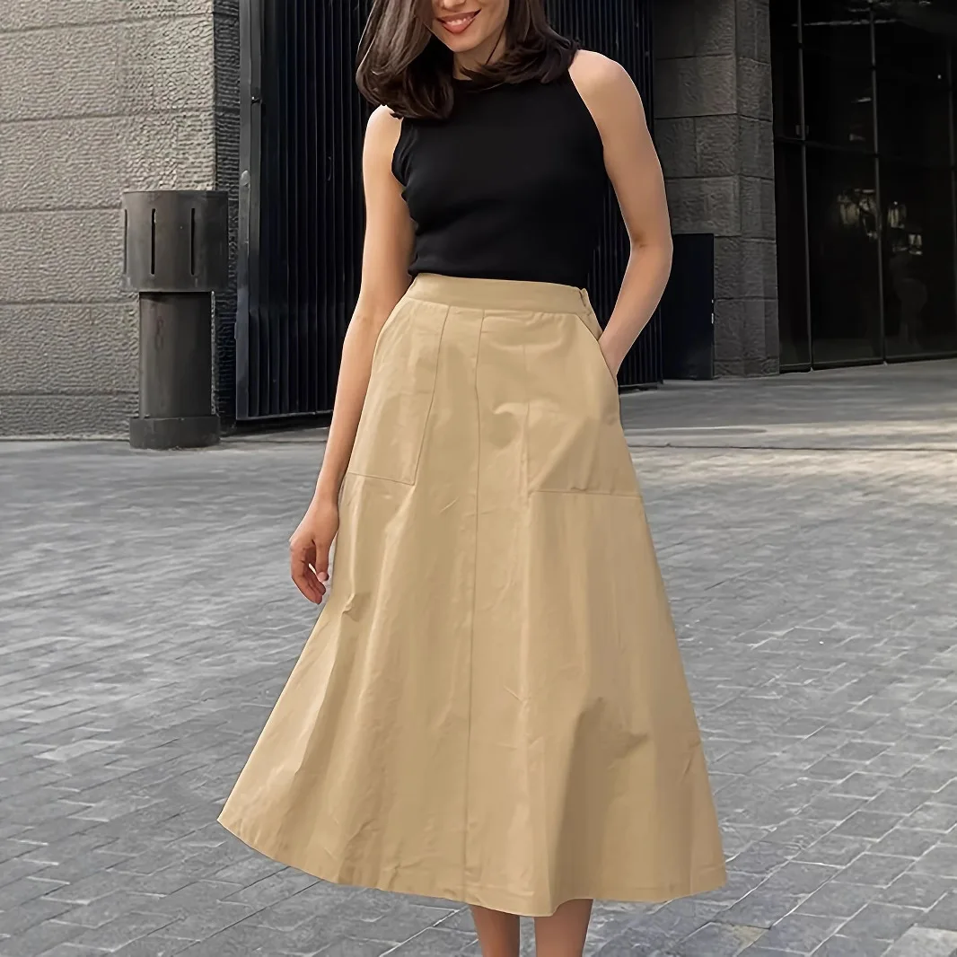 

2025New Women Skirts Solid High Waist Skirt Zipper Fly Spliced Loose Fit Ankle Length Skirts Casual Basics Pockets Slight Strech