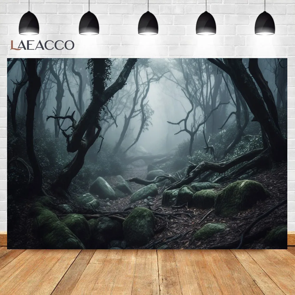 Halloween Photography Background Horror Misty Dark Forest Dead Tree Scary Night Moon Pumpkin Backdrop Halloween Party Decoration