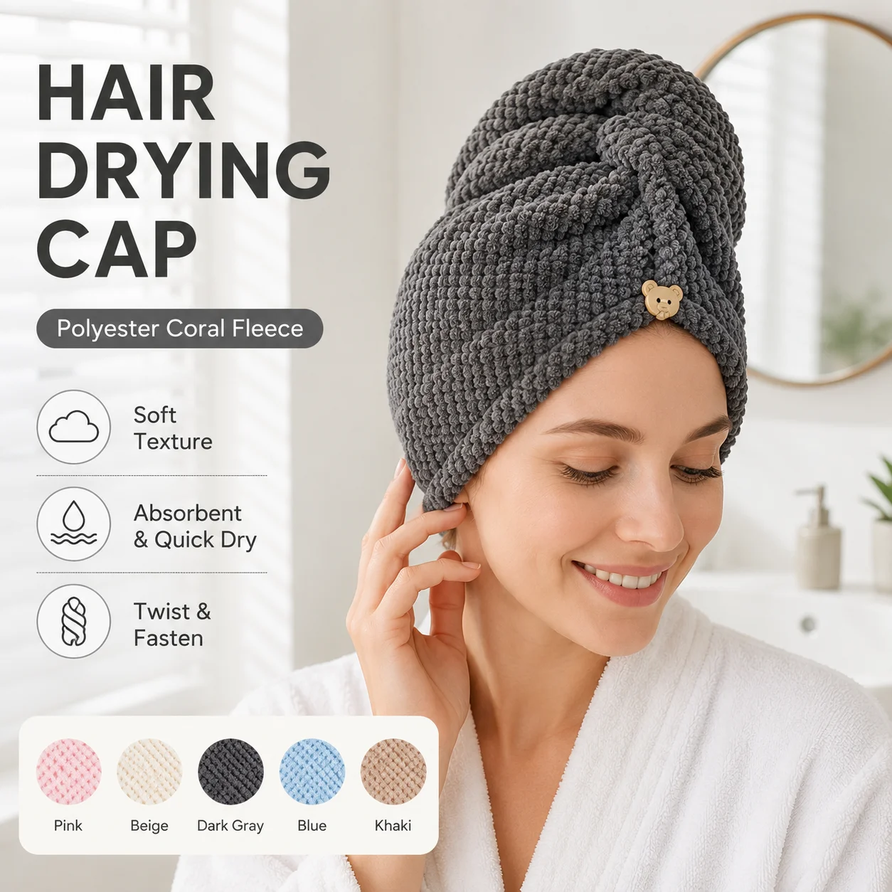 Women Hair Towel Wrap Soft Polyester Dry Hair Cap Absorbent Bath Turban with Button Coral Fleece Head Towel for Shower Spa Use