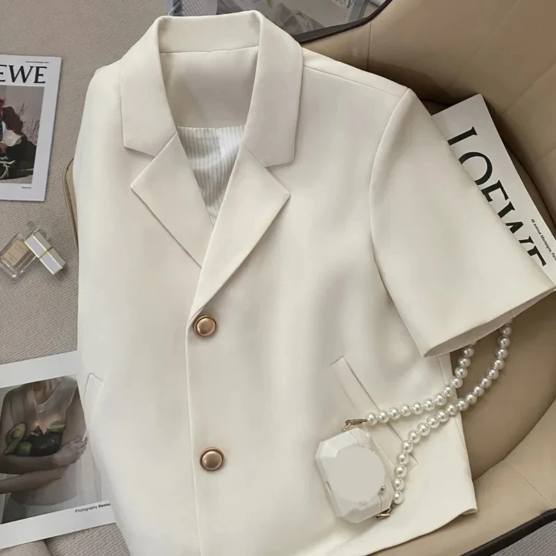 Summer Shorts Sleeve Women\'s Jacket Korean Fashion Notched Neck Office Work Blazer Female Casual Simple Suit Jackets