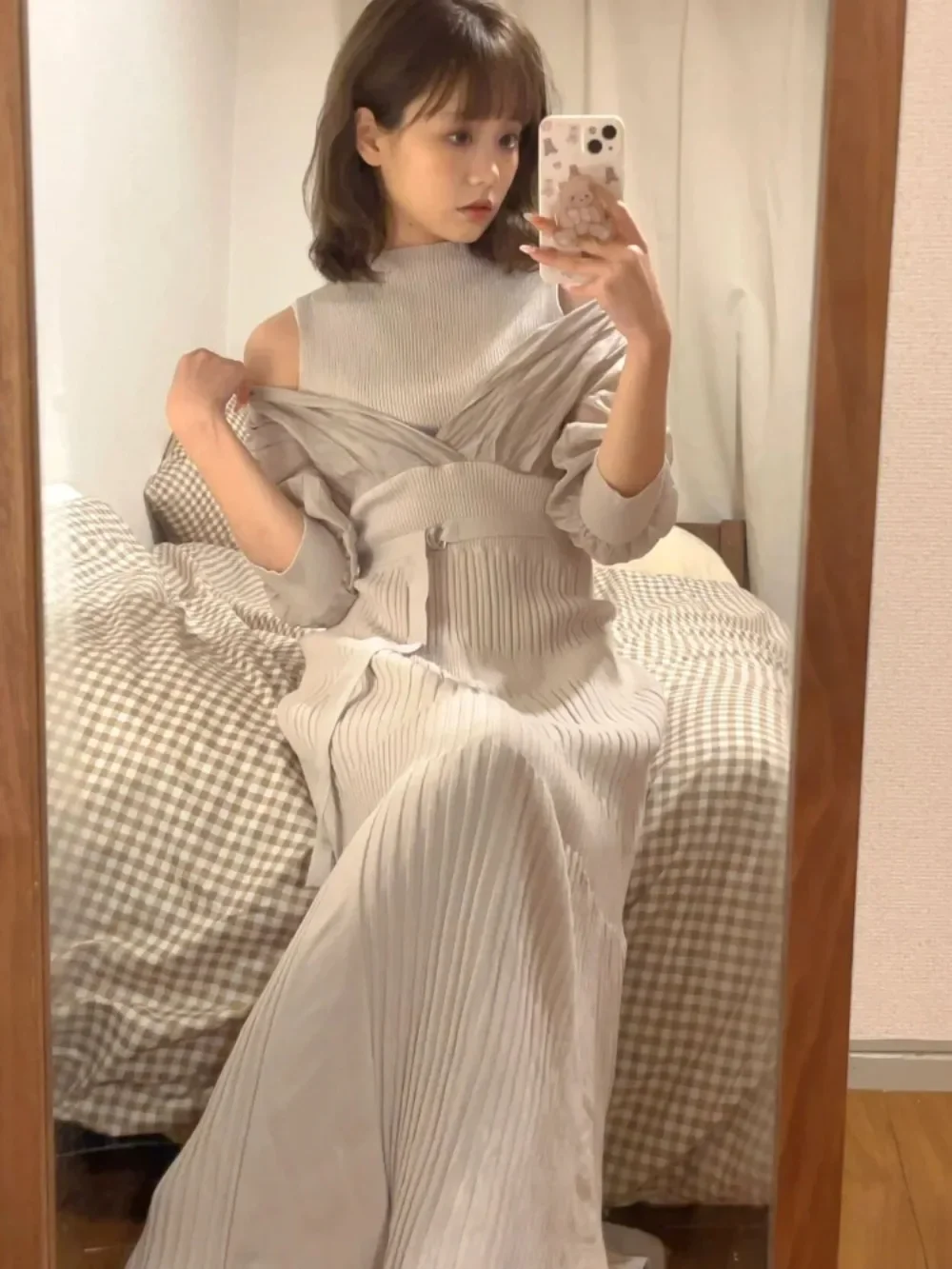 

Kuzuwata Sweet Commuter O Neck Patchwork Dress Off Shoulder Knit Ball Gown Pleated Robe Japan Moda Elegant Belt Mujer Vestidos