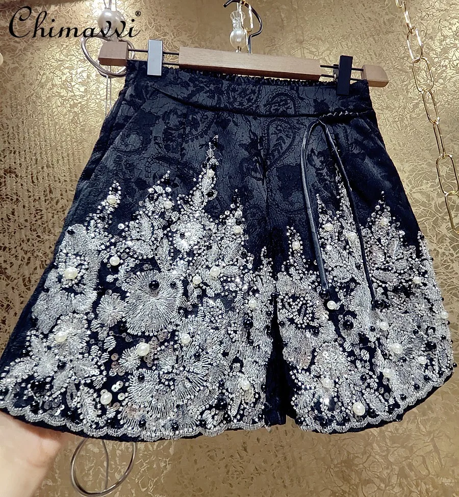 

High-End Heavy Industry Beads Pearl Shorts Chinese Style Fashion Handmade Sequins Embroidery Slimming Wide Leg Shorts Women