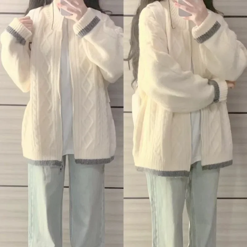 Sweter z panelami Kardigan Kobiety Jesień Zima Słodkie Studenci Baggy Zamki O-neck Zaprojektowany Dzianinowy Przytulny Ulzzang Streetwear Ins