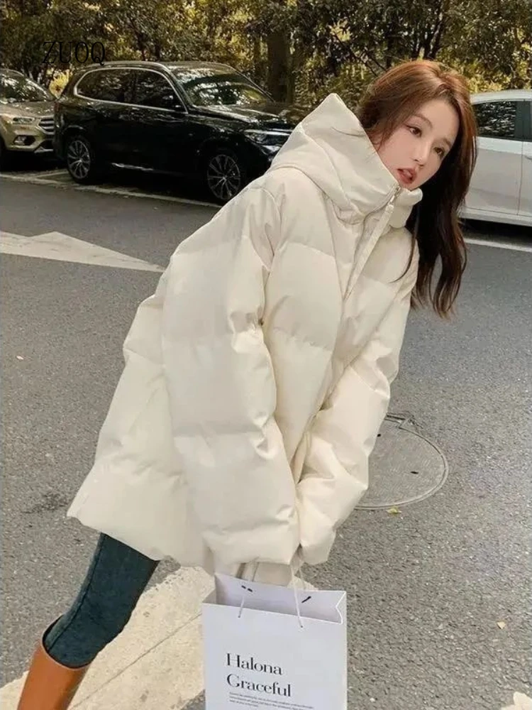 

New Autumn/Winter Casual Coat Woman White Zipper Long Down Solid Jacket Women Korean Loose Hooded Bubble Coats Female