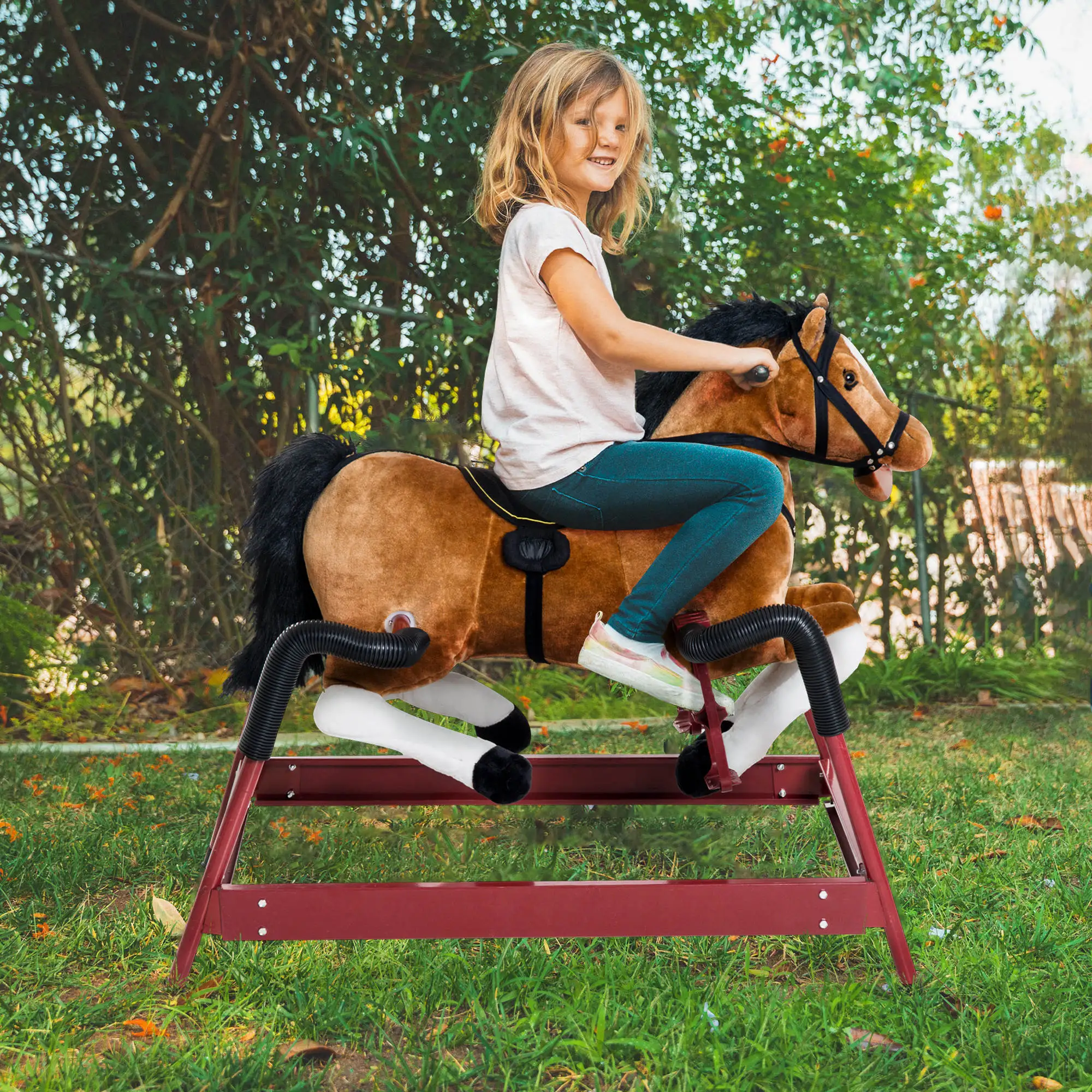 

Spring Rocking Horse with Realistic Sounds Plush Ride on Toy 176LBS Capacity for Kids Ages 3 and Up Metal Frame
