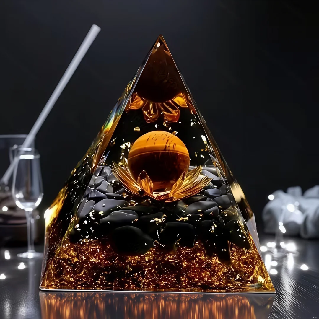 1pc Black & Golden Crystal Pyramid with Tiger Eye Ball - Natural Stone, Perfect for Room Decor & Creative Gifts