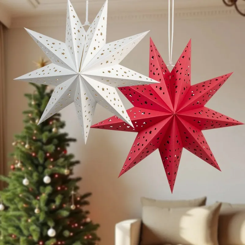 2Pcs Christmas Star Lantern Paper Lampshade Covers Hanging Pendants Nine-Cornered Festival Decoration for Venue Lighting