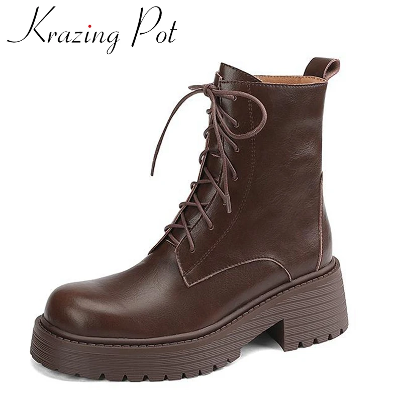 Krazing Pot Full Grain Leather Round Toe Thick High Heels Fashion Boots Platform Leisure Safari Style Zip Cross-tied Ankle Boots