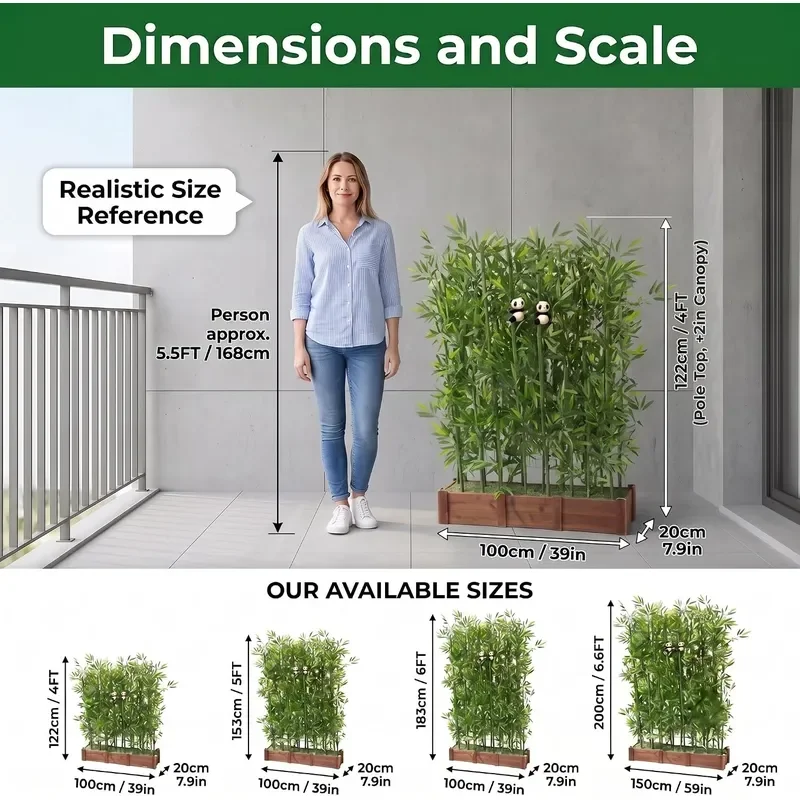 Artificial Bamboo Privacy Screen 39in Solid Wood Base with 16 Thick Faux Stalks and Panda Decor UV Resistant Tall Fake Plant