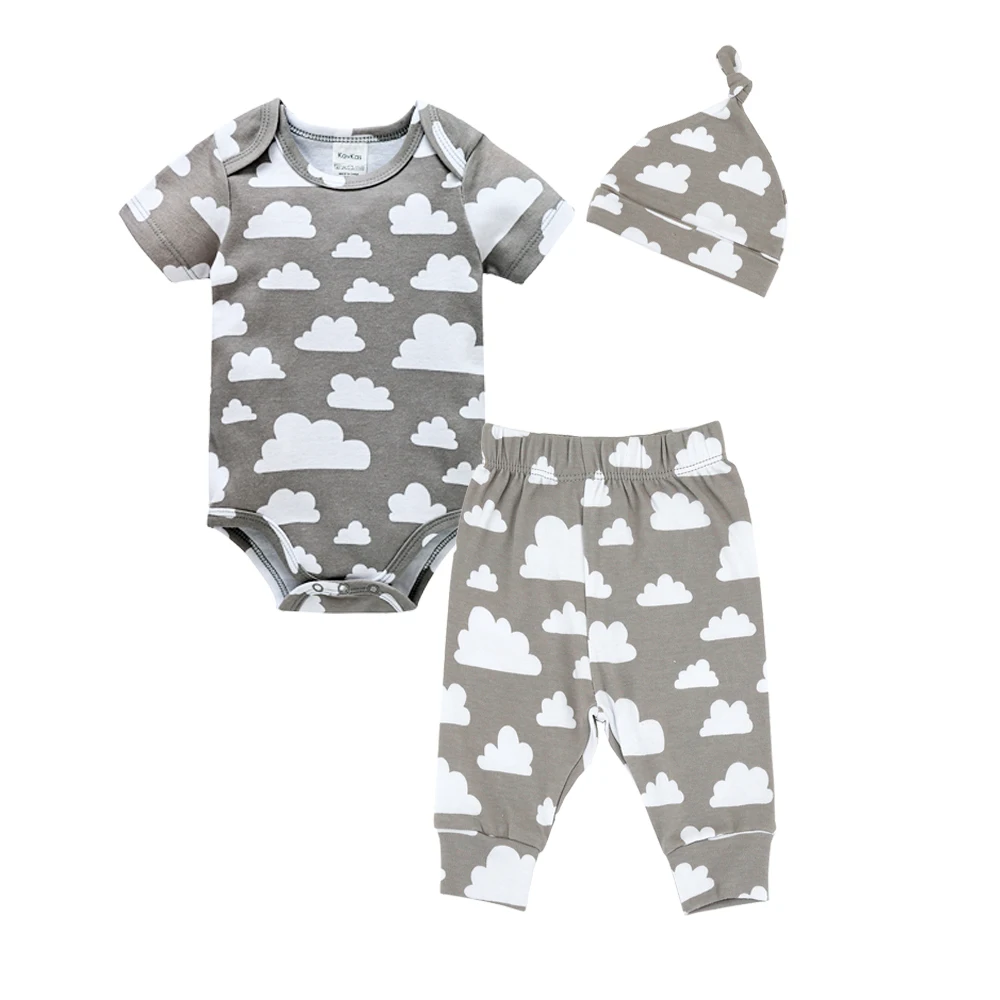 3Pcs Newborn Baby Clothing Set Grey Cloud Print Cotton Short Sleeve Bodysuit + Pants + Hat Unisex Baby Outfit For 0-6M