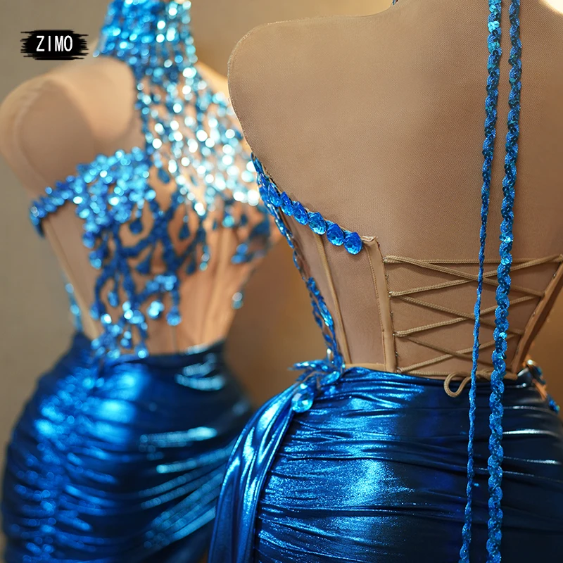 Vestido de lentejuelas con diamantes de imitación azules para mujer, traje Sexy con espalda descubierta para fiesta, Club, cumpleaños, boda, Pole Dance, actuación en escenario, personalizado, nuevo