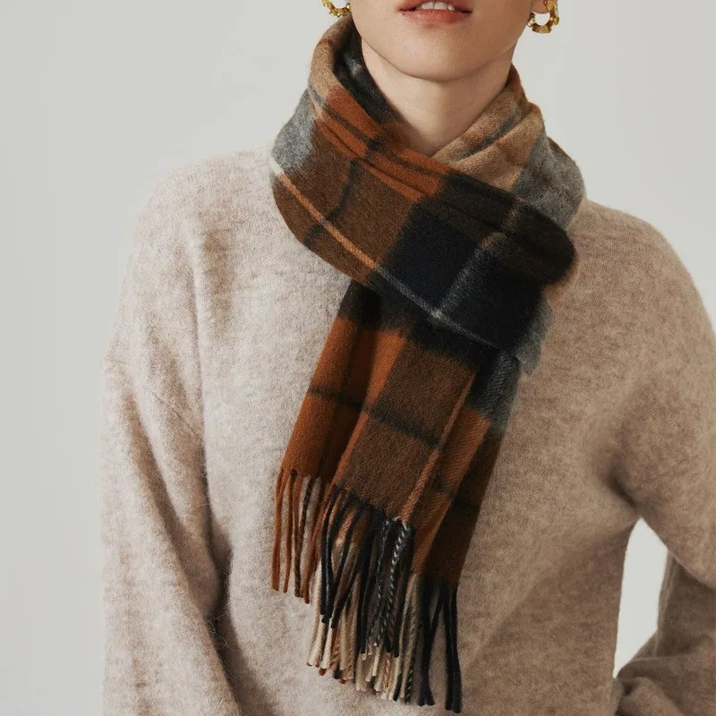 Luxury Brand 100%Pure Wool Plaid Fringed Scarf Women Men Winter Decroate Classic Cashmere Muffler Unisex Neck Warmer Female Male
