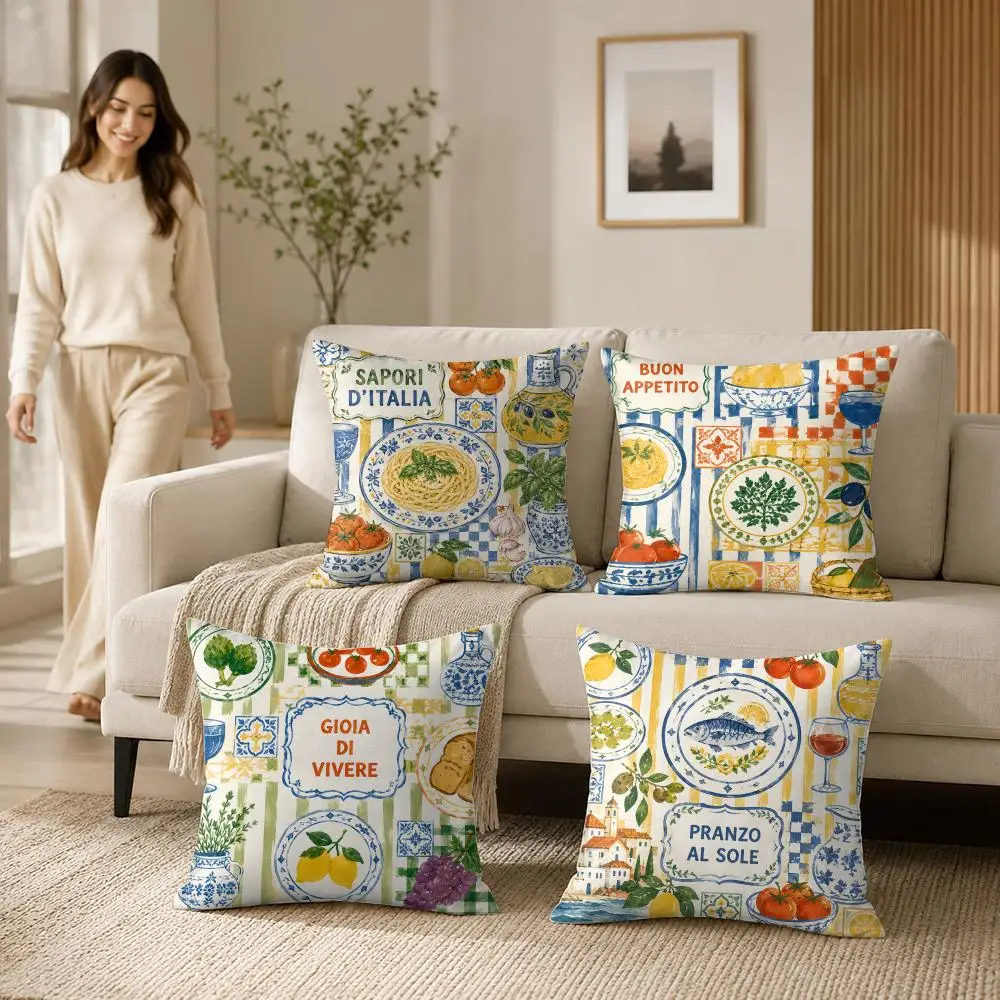 Mediterranean Pattern Cushion Cover Soft Short Plush Pillow Case Double Sided Print Washable Sofa Home Decor Gift