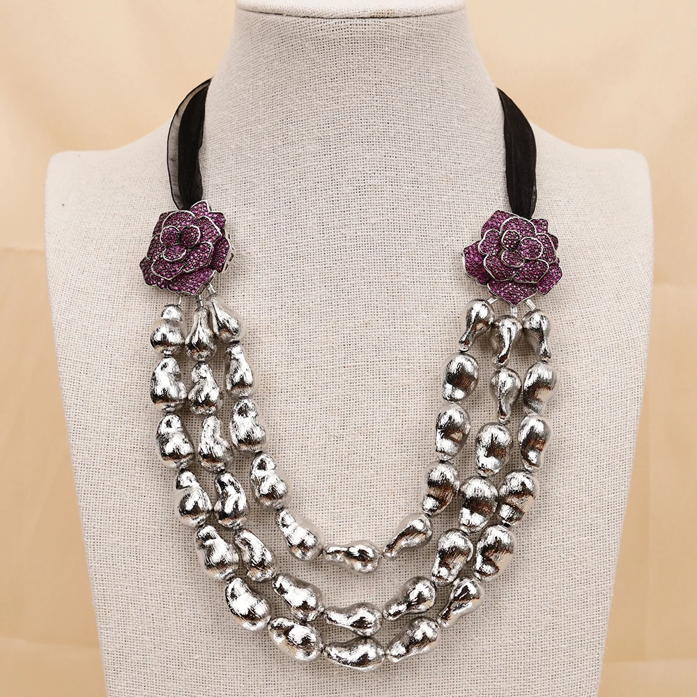 GG 3 Rows Brushed Teardrop Beads Purple CZ zircon Flower Silk rope Necklace