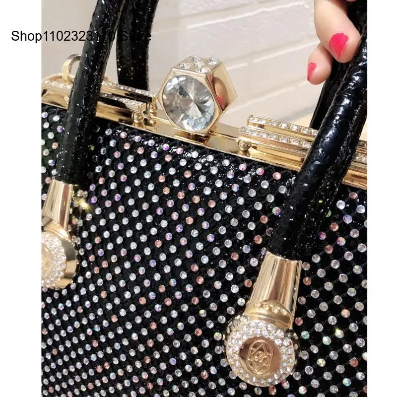 New Diamond Top-Handle Bags Famous Designer Luxury Women Leather Handbags Female Rhinestone Shoulder Big Bag