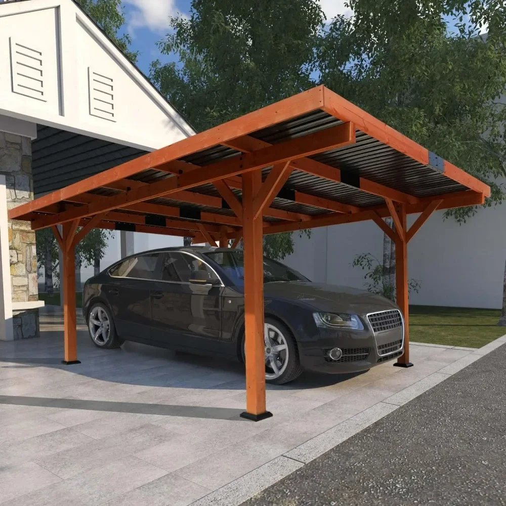 

Car Garage, 18.3 x 12.6 x 7 FT Heavy Duty Wooden Carport, Pavilion Gazebo with Hard Top Steel Roof, Patio Gazebo for Parking Car