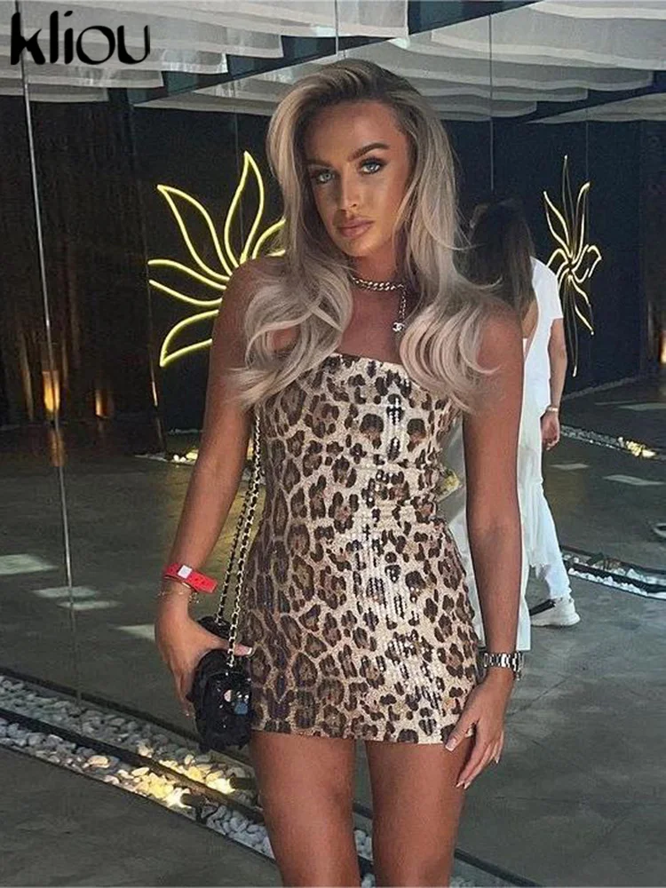 Kliou Leopard Print Mini Dress Women Hipster Sequins Shiny Classic Suspendency Summer New Bodycons Female Attractive Party Wear