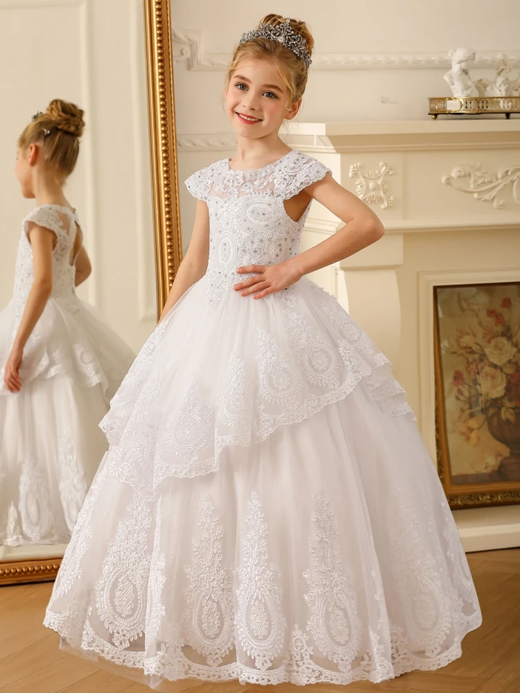 Flower Girl Dresses White Tulle Lace Flory Appliques Sleeveless For Wedding Birthday Party Banquet Holy Communion Gowns