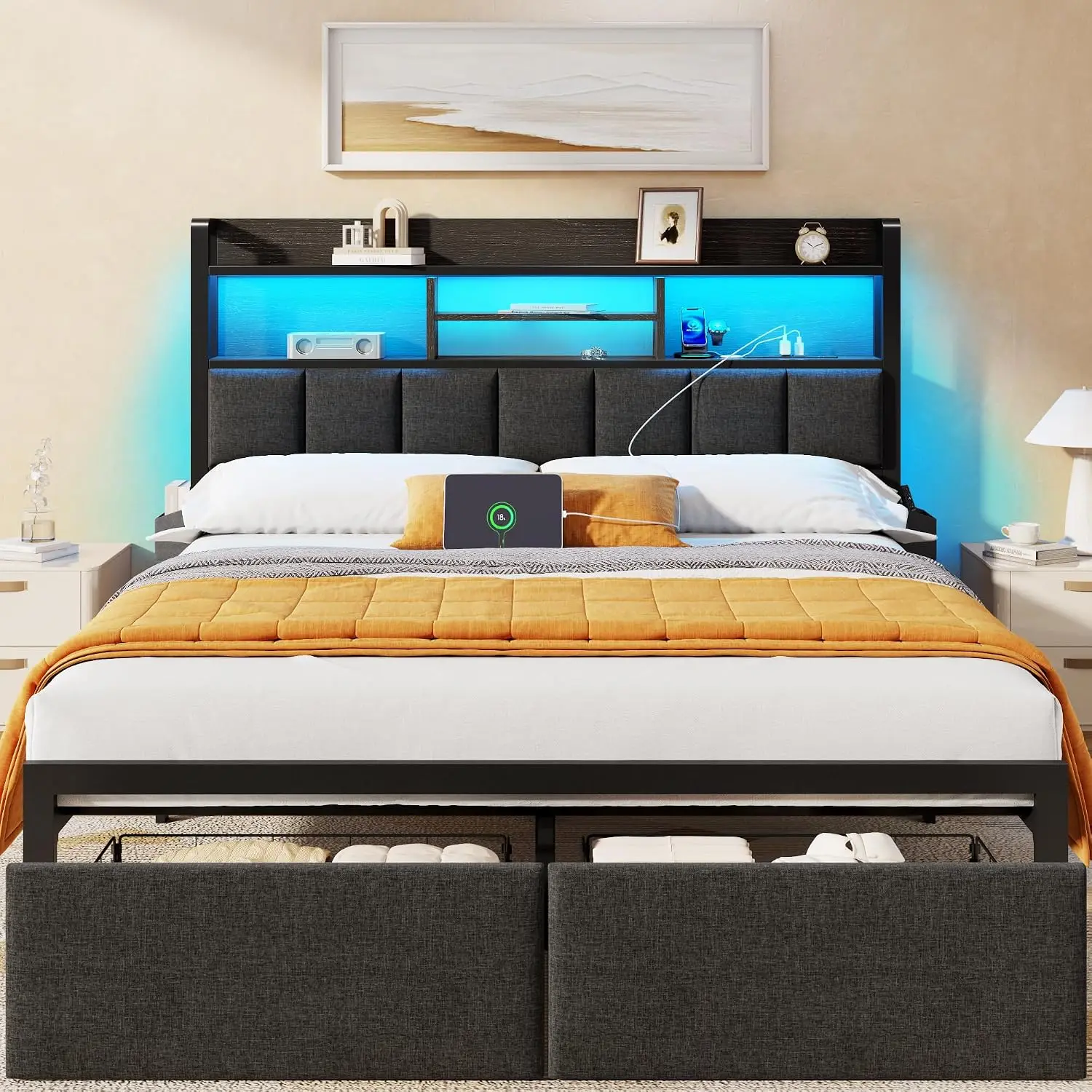 Queen Bed Frame with Headboard Storage Drawers & USB Charging Station, Customized