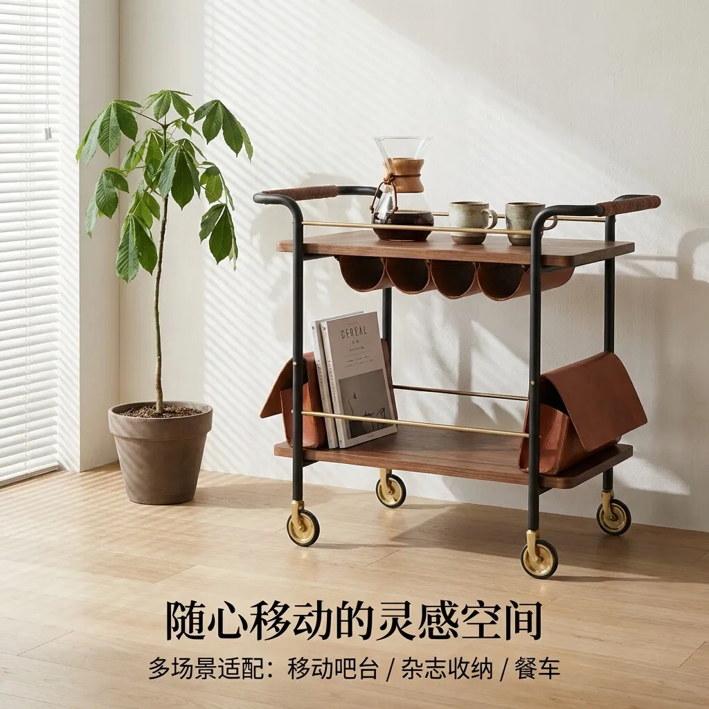 

Silent Silent Wrought Iron Food Cart Multi-Level Trolley Home Metal Shelf Villa Restaurant Steak Red Wine Leather