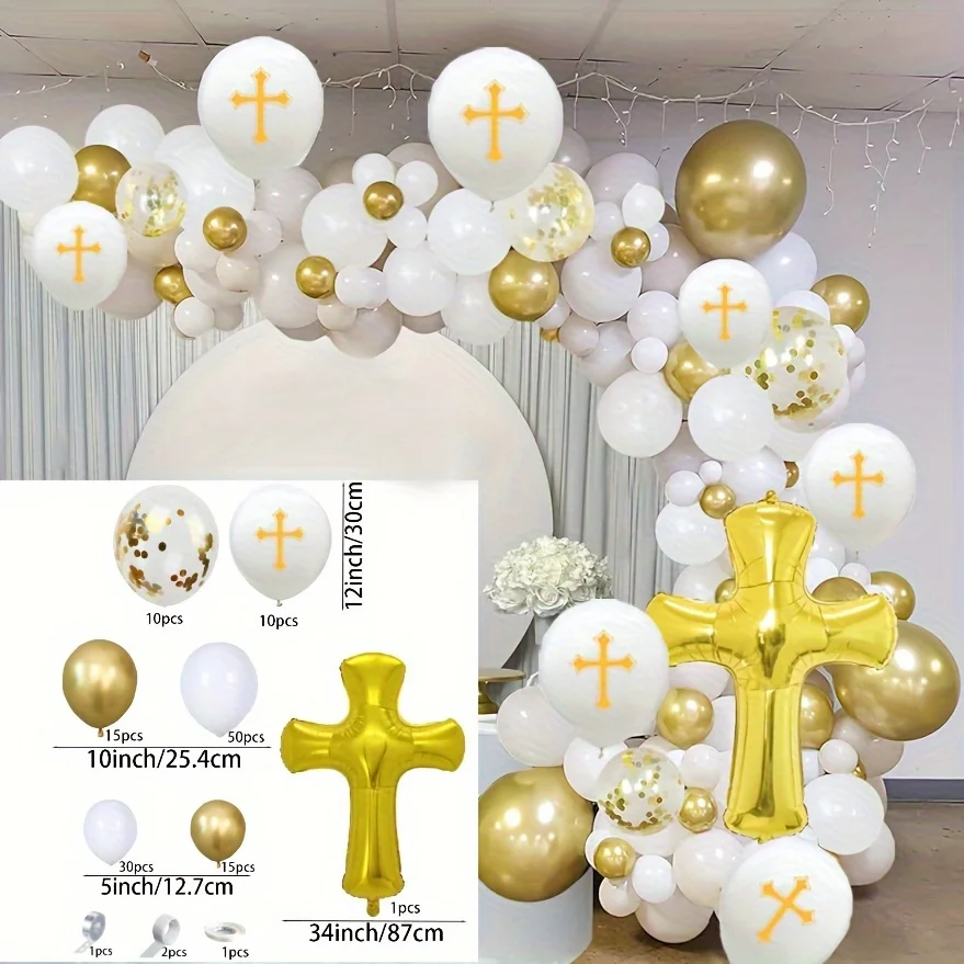 135pcs God Bless Gold Cross Foil Balloon Party Decorations, Outdoor Decorations, Baptism Decorations, Church Prayer Decorations