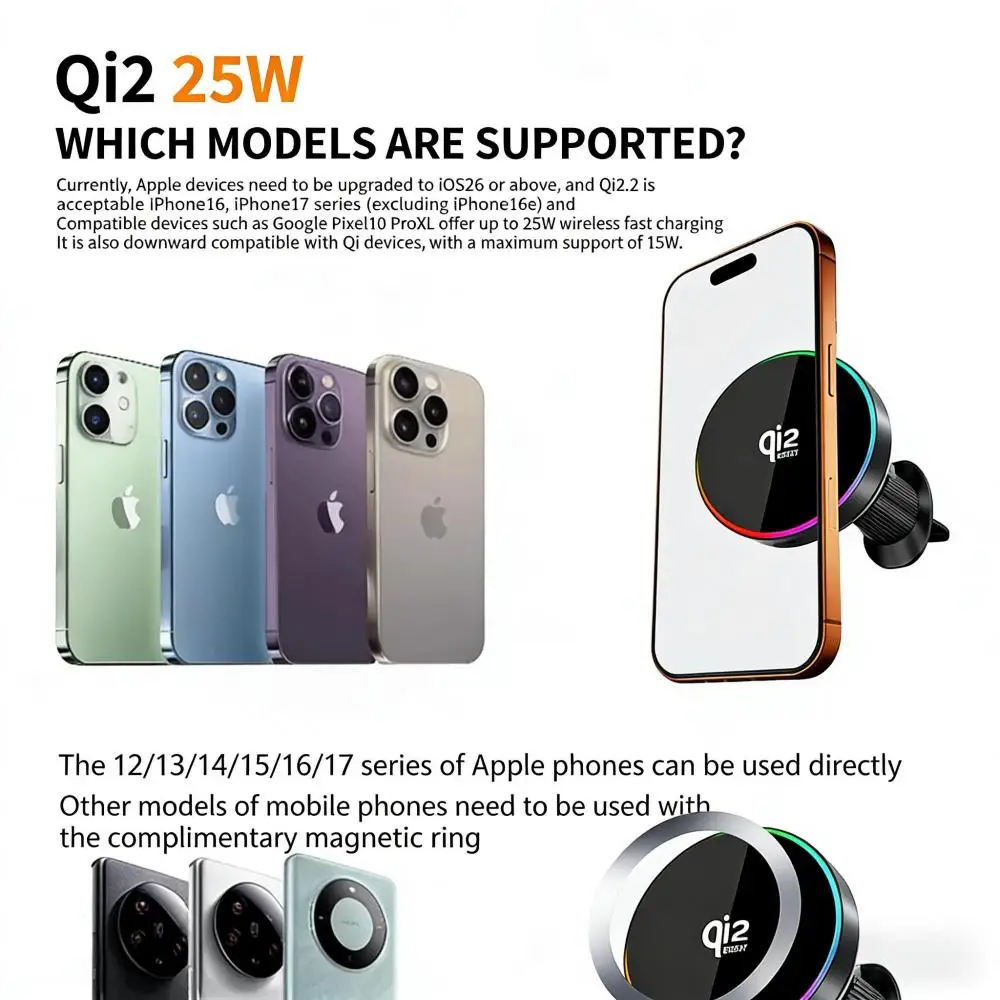 Magnetisches 25W Kabelloses Auto-Ladegerät Lüftungshalterung mit RGB-Ambientebeleuchtung für iPhone 17 16 Pro Max 15 14 13 – Detail 5