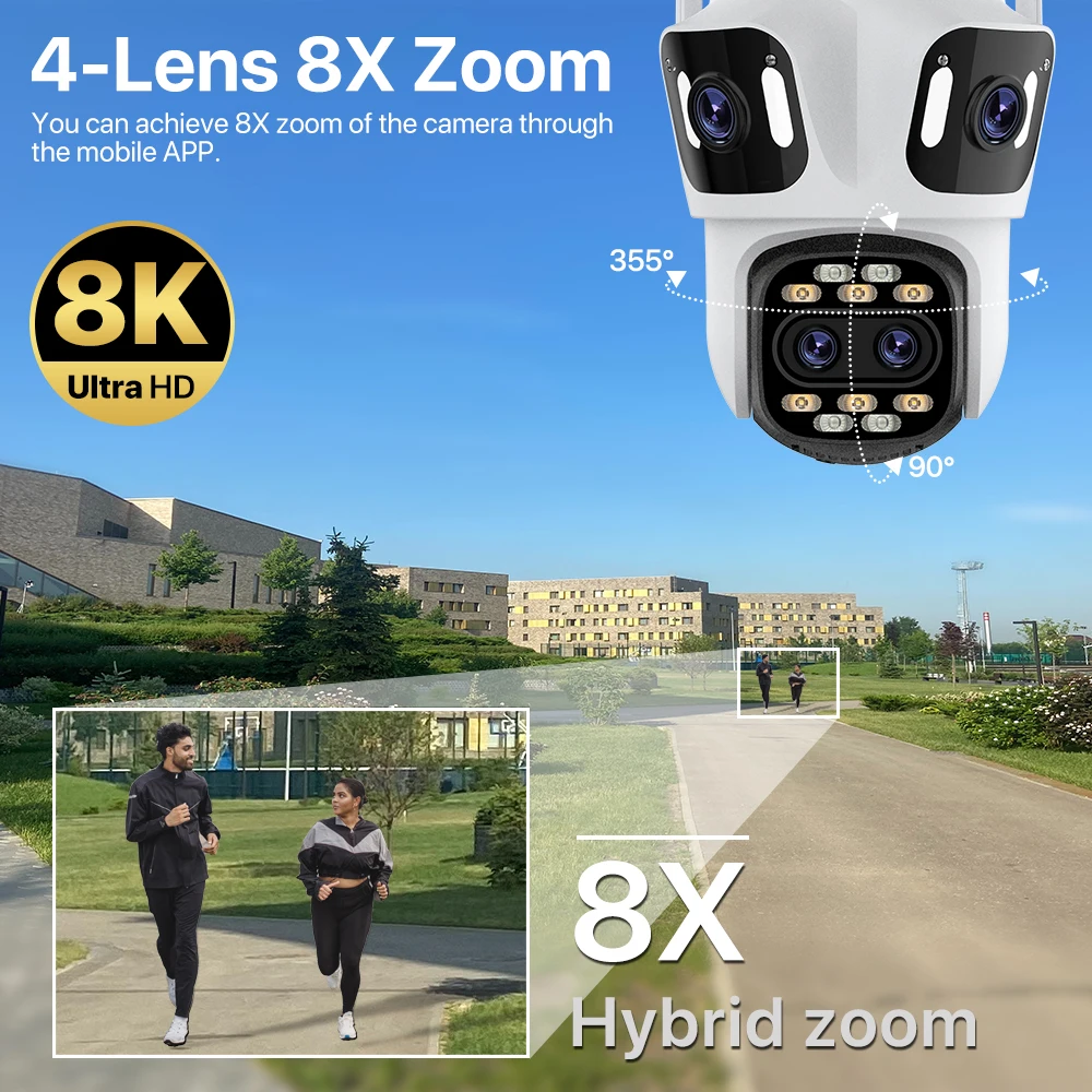 8K PTZ Wifi IP Camera Four Lens AI Human Detect 4K WIFI Dual Screen Surveillance CCTV Camera Security Protection Waterpoor iCSee