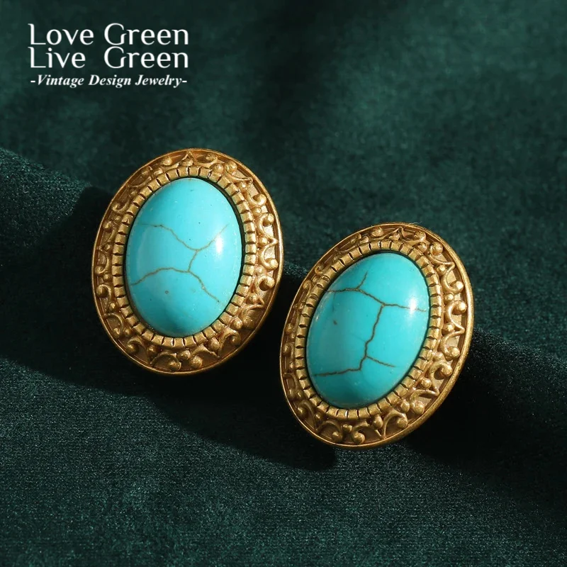 Vintage Oval Sea Blue Natural Stone Stud Earrings For Jewelry Making Women Luxury Quality Designer Gold Color Antique 2026 Trend