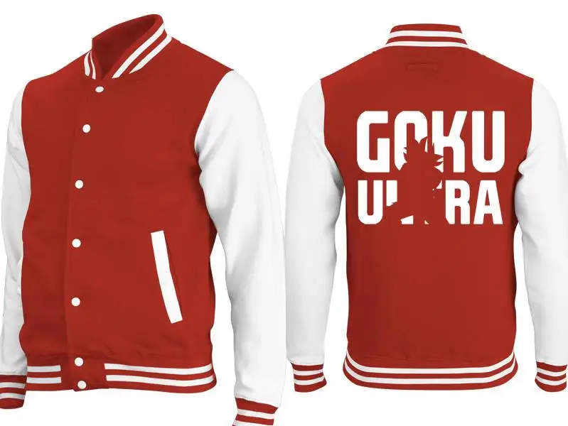 

Бейсбольная куртка Dragon Ball Goku Красно-белое университетское пальто с силуэтом Super Saiyan Art и жирным текстовым дизайном Одежда унисекс ​ ​
