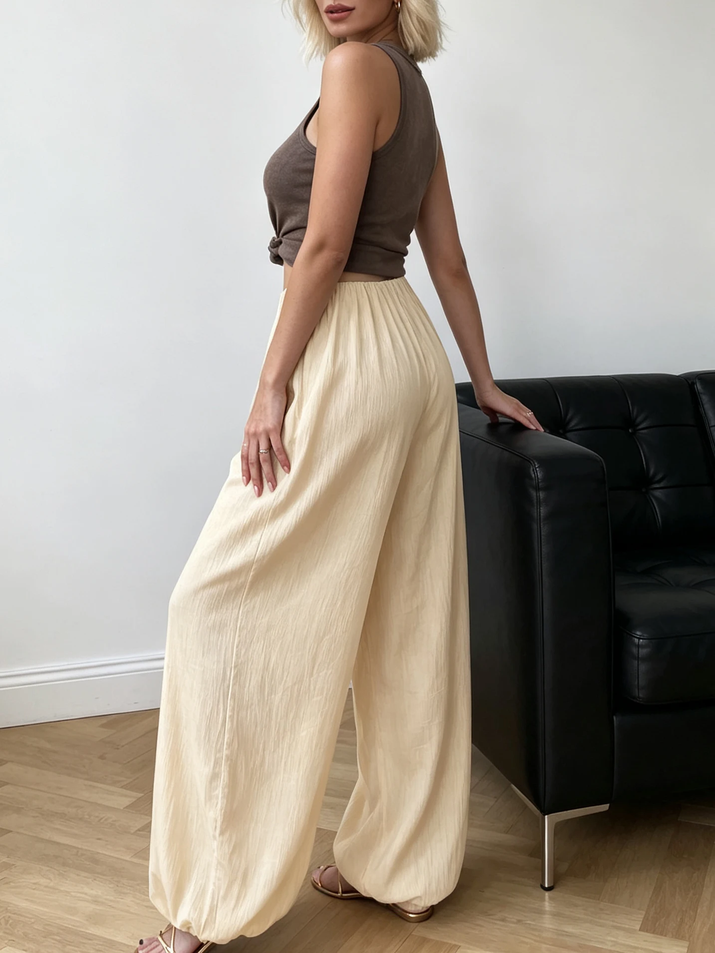 Women's Long Loose Fit Textured Satin Lantern Pants New Fall Solid Color Minimalist Boho Elegant Casual Beach Vacation Outfit