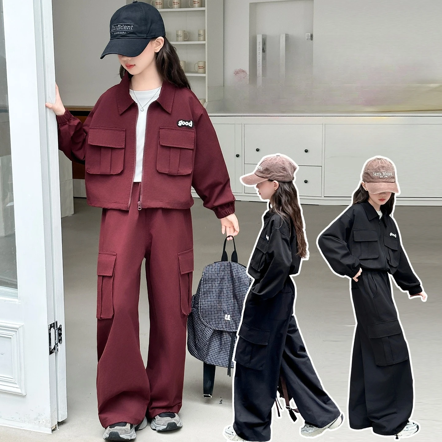 

Осенний комплект спецодежды для девочек-подростков, короткая куртка + брюки-карго, повседневный костюм из 2 предметов для маленьких детей, детская спортивная одежда, наряды для детей 4–14 лет