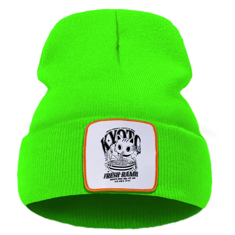 Cartoon Cats Eat Ramen Print Men Winter Knit Hats Hip Hop Fashion Warm Unisex Autumn Hat Solid Color Harajuku Beanie For Teens