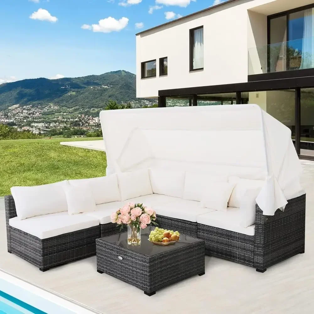 6-Piece Patio urniture Set w/Retractable , Outdoor Contion Set w/3-Seat Daybed Soa, Sot Cushions and Tempered Glass Coee Table,
