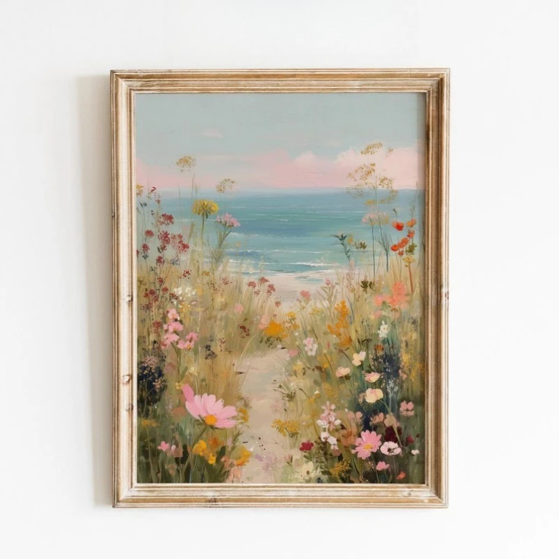 

2D/Flat Frameless Pink Coastal Wildflower Canvas Poster, Modern Spring Seascape Wall Art Print for Living Room and Bedroom Decor