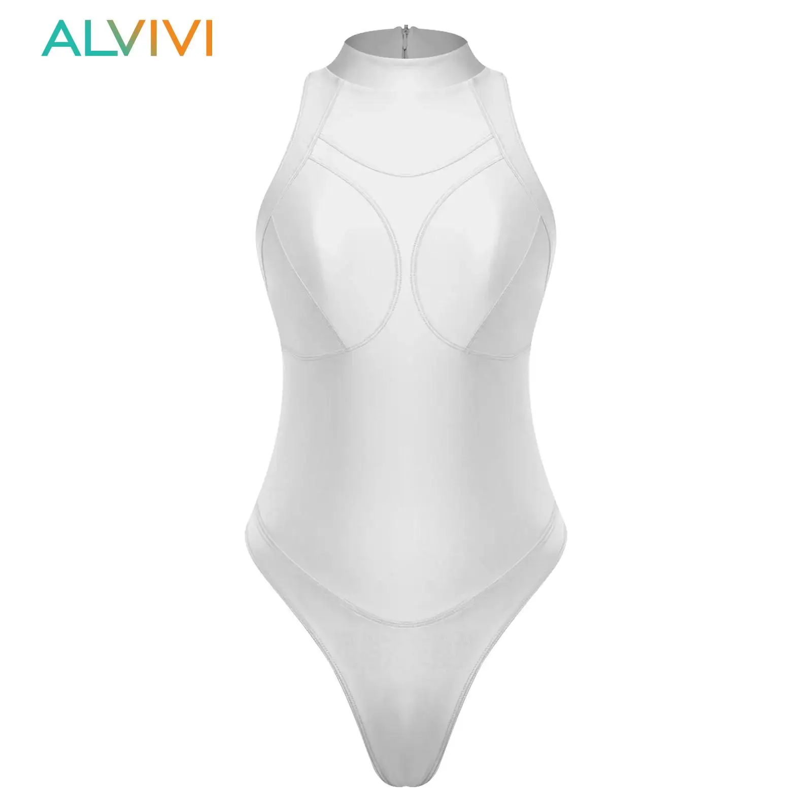 

Women's Oil-shiny One-Piece Swimsuit High Cut Mesh Swimwear Bathing Suit Mock Neck Back Zipper Flat Seams High Cut Bodysuit