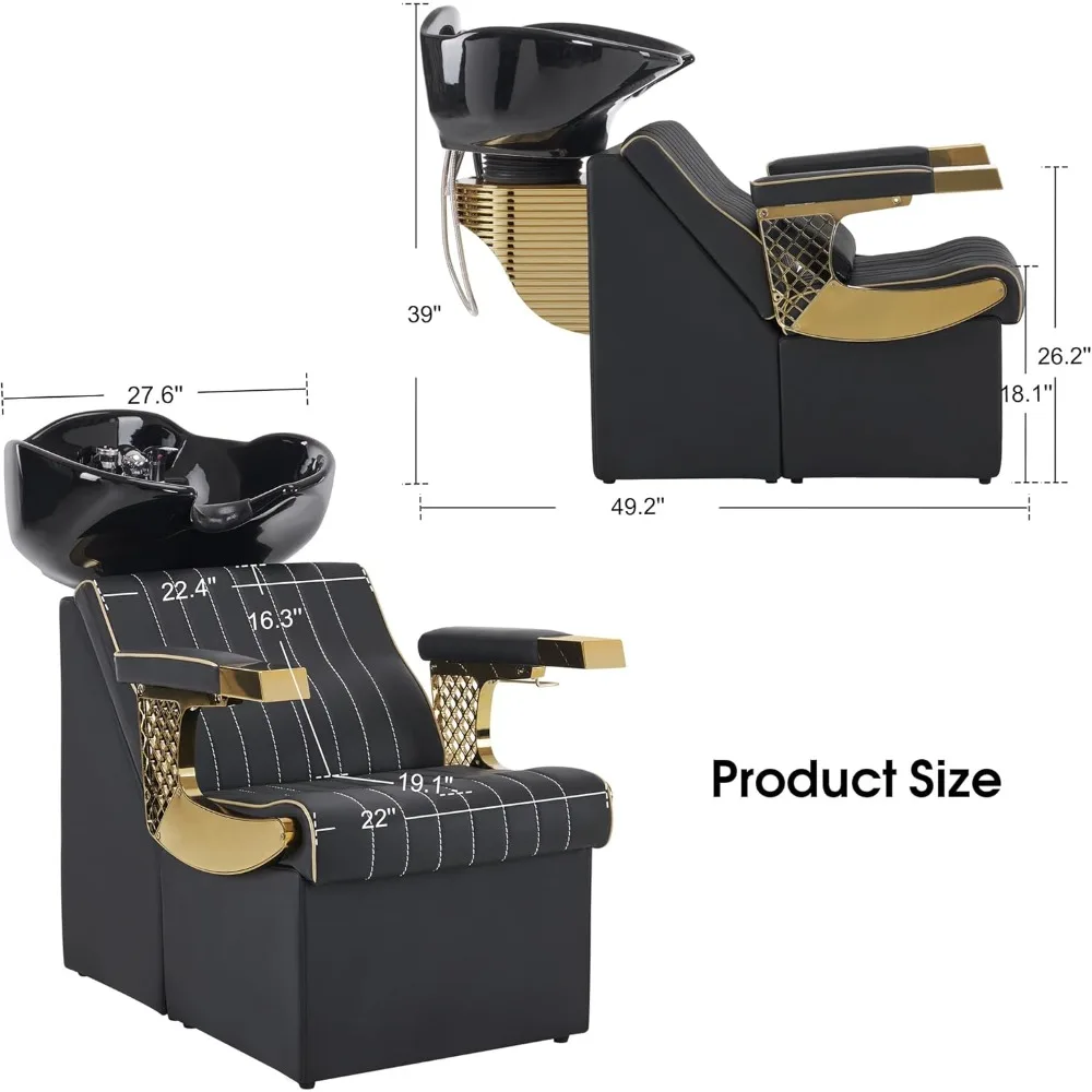 Backwash Shampoo Station Chair and Bowl Unit, Porcelain Ceramic Basin Sink, Black&Gold Shampoo Barber Chair with Vacuum Breaker