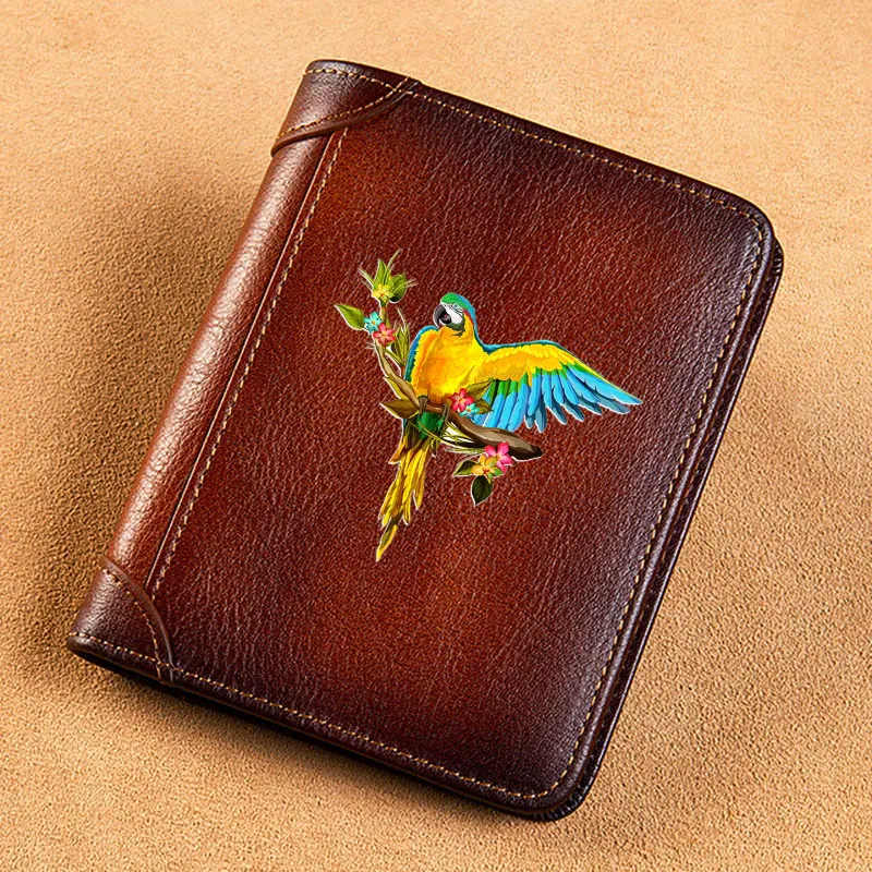 High Quality Genuine Leather Men Wallets Noble Parrot Printing Short Card Holder Purse Luxury Brand Male Wallet