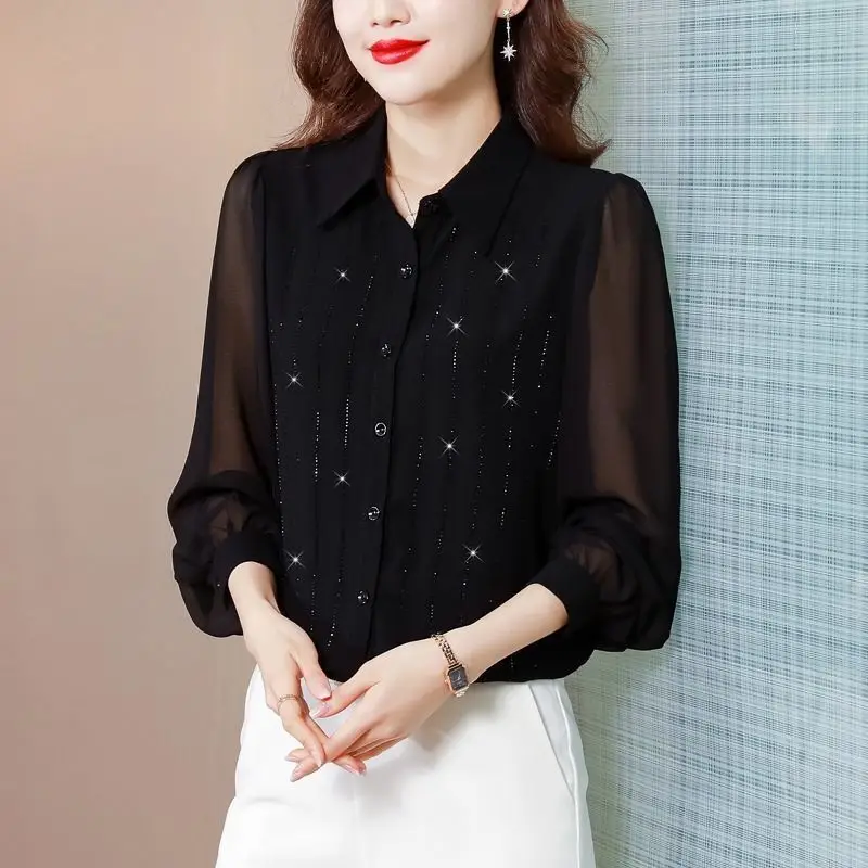

Women's Shirt And Blouse Black Korea Stylish New Collection 2025 Y2k Fashion Promotion Elegant Luxury Rhinestones Female Tops